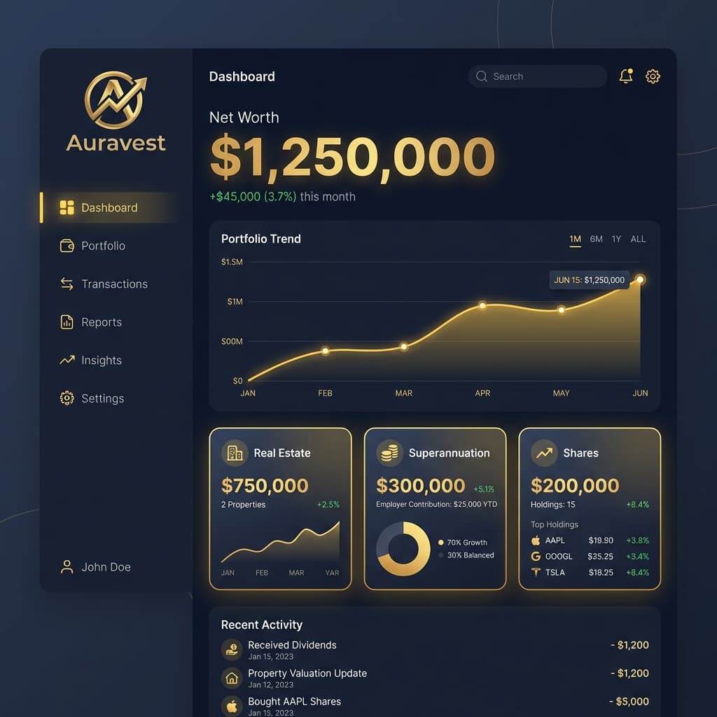 Auravest Dashboard showing financial overview
